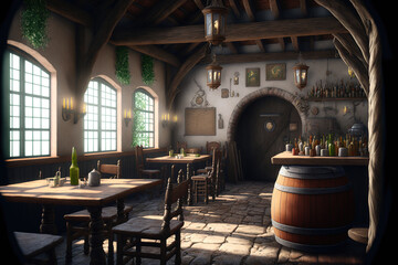 Medieval tavern interior, concept art - obrazy, fototapety, plakaty