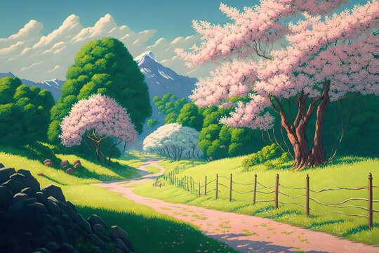 beautiful spring landscape, anime landscape, cartoon nature art  illustration Stock Illustration | Adobe Stock