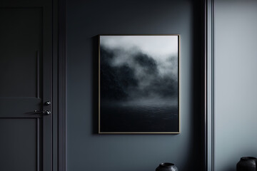 Fototapeta premium Close up of a faux poster frame in a gloomy minimalist space. Generative AI