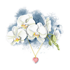 Watercolor composition with several heads flowers of white orchid and heart shaped golden pendant solated on white background. Hand drawn illustration sketch