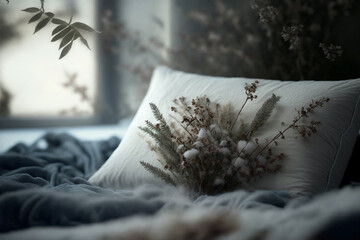A beautifully decorated vintage bedroom, with white and grey comfy pillows and blankets, and floral arrangements.