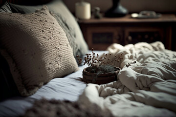 A beautifully decorated vintage bedroom, with hand-knitted pillows, comfy blankets, and floral arrangements.