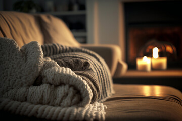 Wool blankets on the sofa of a cozy living room illuminated by candles. Super fluffy and soft, comfy.