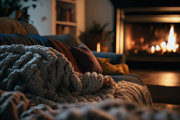 Wool blankets on the sofa of a cozy living room illuminated by candles and a fireplace. Super fluffy and soft, comfy.