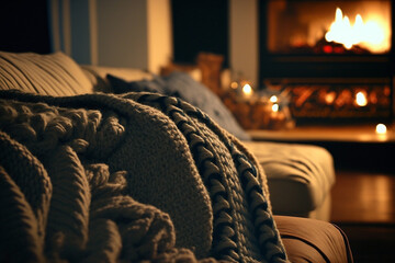 Wool blankets on the sofa of a cozy living room illuminated by candles and a fireplace. Super fluffy and soft, comfy.