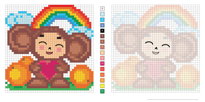 pixel illustration cheburashka cartoon character rainbow, oranges, embroidery, coloring by cells for the development of children adults, the development of counting logic, motor skills and imagination