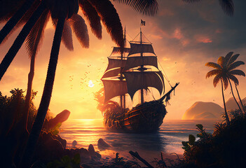 Pirate sailing ship at sunset. Silhouette.
