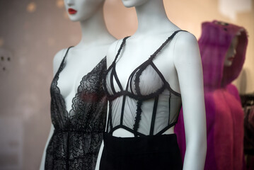 Closeup of black bra on mannequin in a fashion store showroom