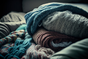 A mixture pile of cloth and wool blankets. Super fluffy and soft, comfy.