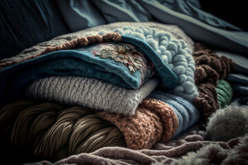 A mixture pile of cloth and wool blankets. Super fluffy and soft, comfy.