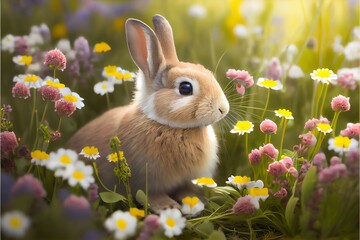 Cute Easter Bunny in a Field of Flowers. Generative AI