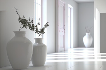 Fototapeta na wymiar Vases in an empty white interior. Generative AI