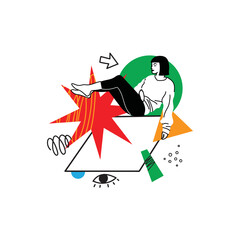 Hand drawn vector illustration of people in different poses and various geometric shapes. Outline characters, colorful abstract figures.