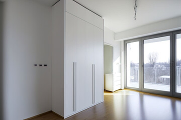 Fototapeta na wymiar Large dressing room with a tall white wardrobe and a balcony access. Generative AI