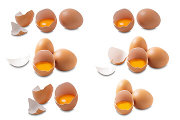collage of raw chicken eggs whole and broken