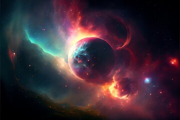 Planet and outer space nebula. Generative AI