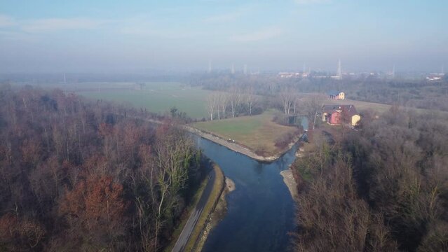 Aerial view of the Naviglio Grande, Castelletto Di Cuggiono, near Milan, Italy