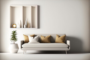 Illustration of interior wall mockup featuring a sofa and beige pillows against a blank white background in a living room. Generative AI