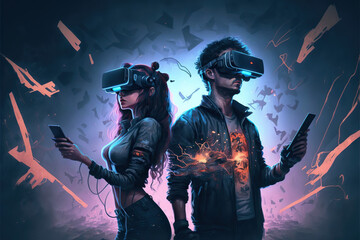 Fototapeta na wymiar Man and woman playing metaverse, VR