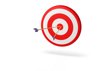Target on white isolated background, with yellow and purple arrows. marketing target concept. 3d render