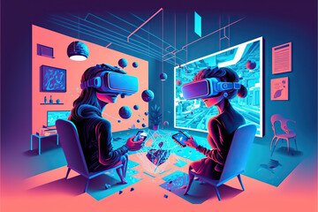 Metaverse, VR, AR,  virtual reality game playing, man and woman play metaverse virtual digital, ai
