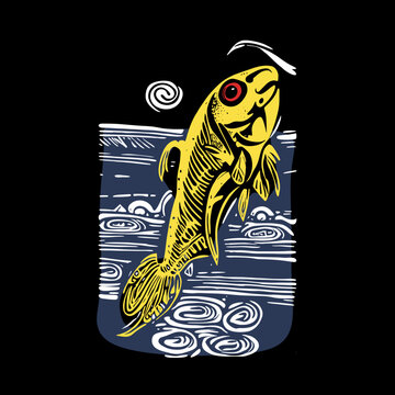 Big Fish Swim Against The Current. Vector Business Concept Illustration In The Style Of Lino Print.