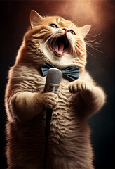 Cat in a bow tie sings into a microphone on stage. AI generated