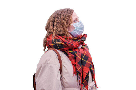 Woman shopper in face mask, isolated on a white background