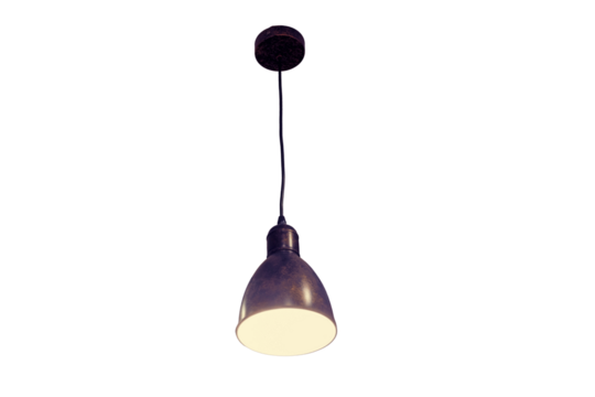 Loft industrial ceiling lamp hanging from a warehouse roof with mirror, isolated on a white background