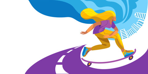 Naklejka na ściany i meble A girl in bright clothes quickly rides a skateboard against the background of the city. A template for a horizontal banner with space for text.