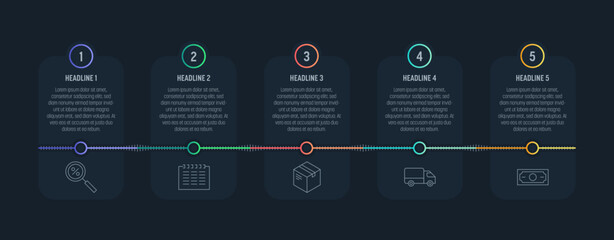Dark process Infographics with five steps timeline and colorful elements. Thin line vector icons. Data graphs for flow charts, presentations and UI