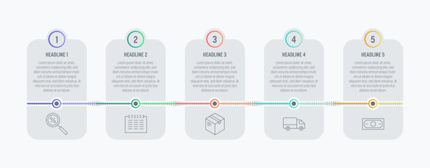 Light process Infographics with five steps timeline and colorful elements. Thin line vector icons. Data graphs for flow charts, presentations and UI