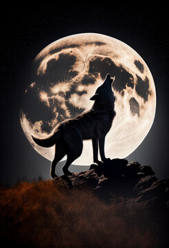Silhouette of a wolf howling against the background of the moon. AI generated