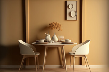 With a wooden family table, modern seats, a cup of coffee, tableware, a beige wall, and personal items, the dining area has a minimalist design. Copy the blank space. Generative AI