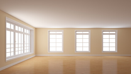 Empty Interior with Beige Plastered Walls, a Large Window on the Left and Three Windows on the Center. White Plinth and a Light Parquet Floor. Mockup Interior. 3D illustration, 8K Ultra HD, 7680x4320