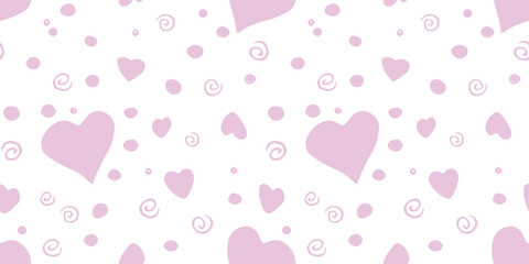 Vector Seamless abstract pattern of pink flat elements hearts points drops spirals. Hand drawn pastel background, texture for textile, wrapping paper, Valentine's day