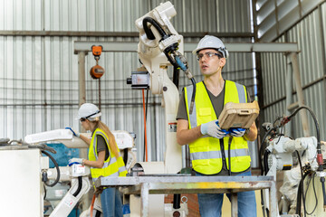 A team of male and female engineers meeting to inspect computer-controlled steel welding robots. Plan for rehearsals and installation for use.