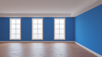 Room with Blue Walls, White Ceiling and Conrnice, Three Large Windows, Herringbone Parquet Floor and a White Plinth. Beautiful Concept of the Interior, 3D illustration. 8K Ultra HD, 7680x4320, 300 dpi