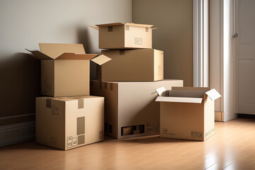 relocating and packing your home. boxes of cardboard on the ground. selective attention. Generative AI