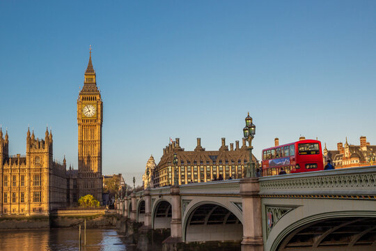 Westminster Palace and Big Ben, the Great Bell of the Great Clock of Westminster along the River Thames with Westminster Bridge in London, England