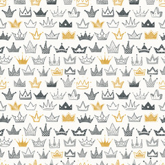 Seamless backrgound with yellow and grey doodle crowns. Can be used for wallpaper, pattern fills, textile, web page background, surface textures.