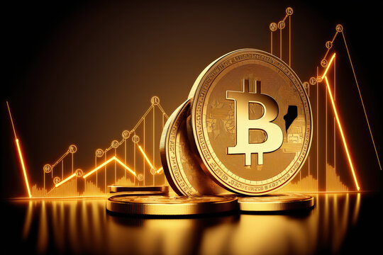 Gold bitcoins with graph chart background