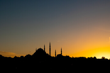 Mosque view. Silhouette of Suleymaniye Mosque at sunset.