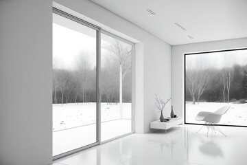 Modern white room in minimalist design with open sliding door to terrace and background of nature. Generative AI