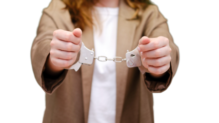 School teacher in face mask chained by handcuffs stands at the blackboard, epidemic problem concept, isolated on a white background