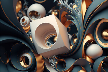 3D render abstract geometric background, gold, gray and white creative shapes. Ai generated
