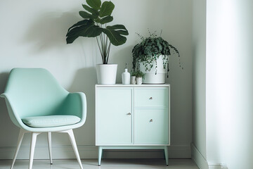 picture of a white wooden cabinet with a live plant and a mint colored lamp shade. Generative AI