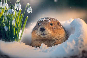 Groundhog Day Delight, Cute Groundhog Emerges from Snowy Hole Among Snowdrops.