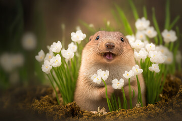 Heartwarming Groundhog Day Moment as Cute Groundhog Grins and Crawls Out of Hole Surrounded by Spring Beauty.