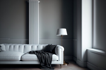 White sofa, floor lamp, and heating radiator against the wall in a contemporary living room. Generative AI